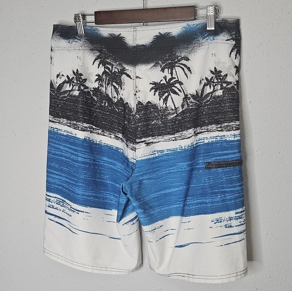 Burnside Mens Blue‎ Tropical Palm Tree Board Shorts Swim Trunks Size 34